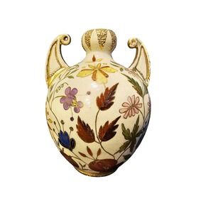 Vintage Hand Painted Floral Crackle Glaze Ceramic Amphora Vase Urn Gold Trm 5.5"